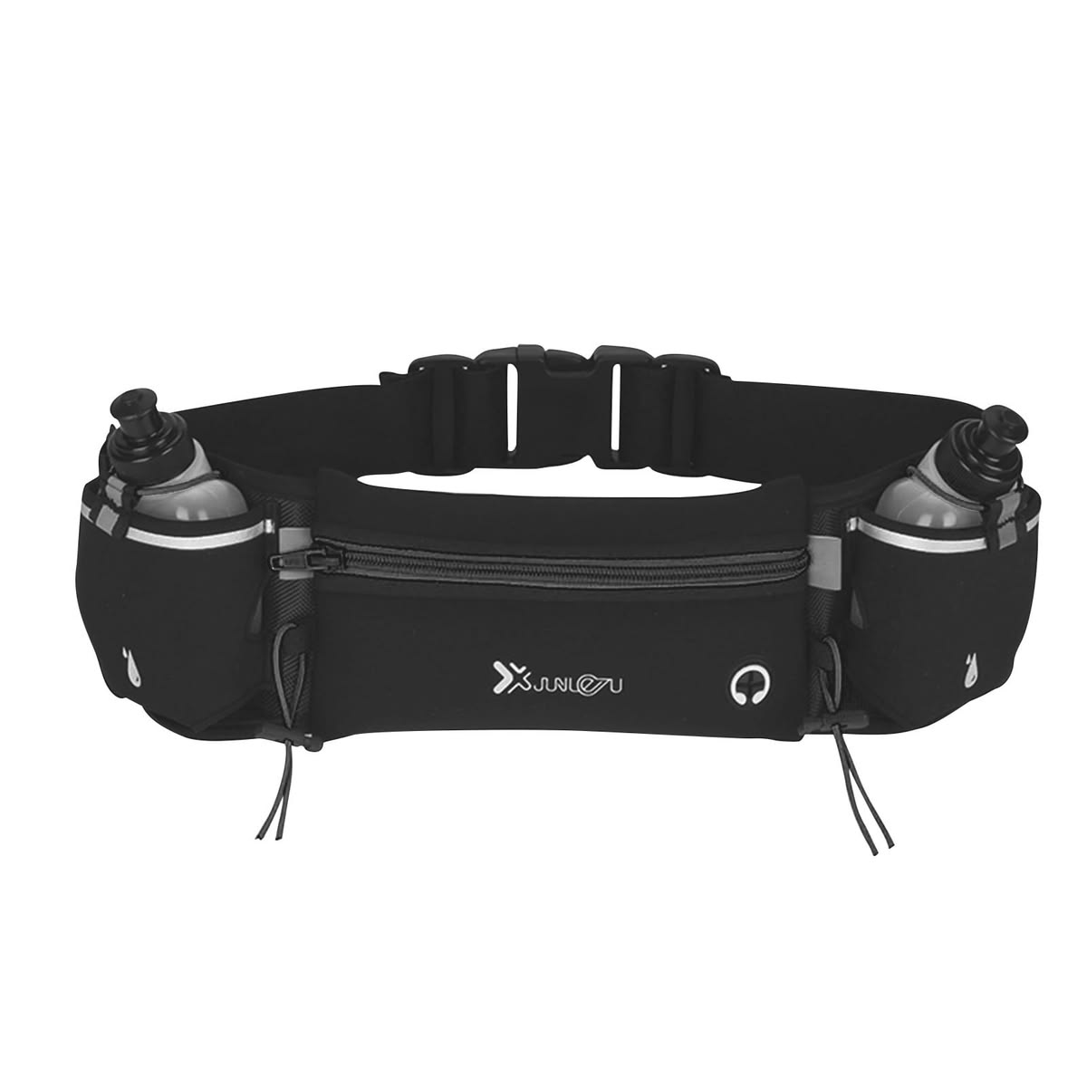 Black Running Waist Belt with Dual Bottle Holders & Zipper Pocket